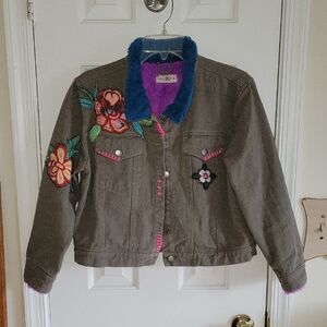NATURAL LIFE Floral Embroidered Jean Jacket with Blue and Purple Accents